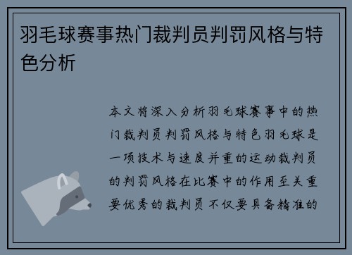 羽毛球赛事热门裁判员判罚风格与特色分析