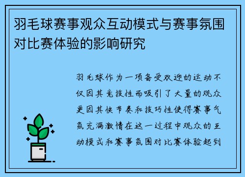 羽毛球赛事观众互动模式与赛事氛围对比赛体验的影响研究 羽毛球赛事观众互动模式与赛事氛围对比赛体验的影响研究